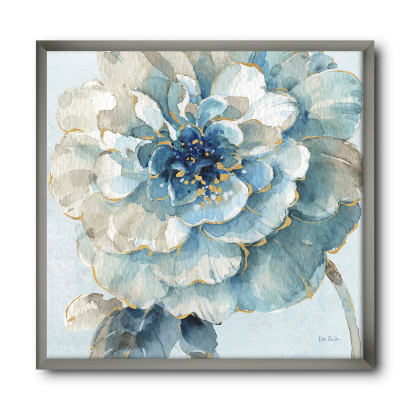 « indigold aquarelle fleur ii »-reproduction d’image sur toile, H 16 po x l 16 po x P 1 po, Cadre argenté