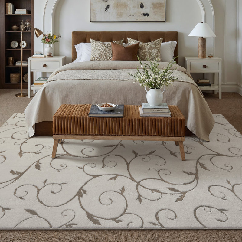 Tapis d'intérieur en velours de coton avec envers antidérapant Allover, Blanc cassé / blanc, Rectangle 6 pi x 9 pi