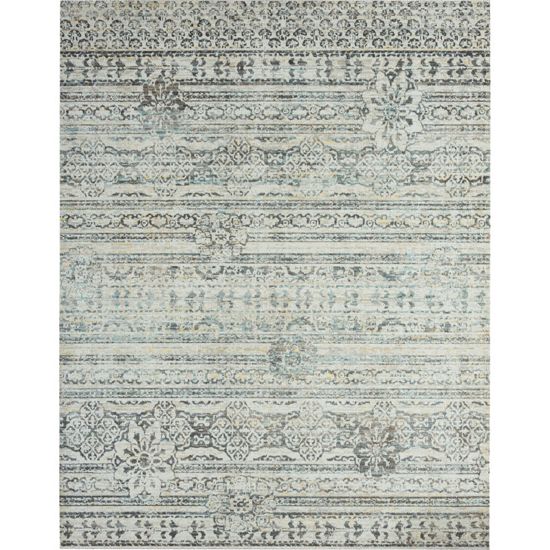 Tapis floral bleu / gris intérieur / extérieur Floral, Rectangle 5 pi 3 po x 7 pi 6 po