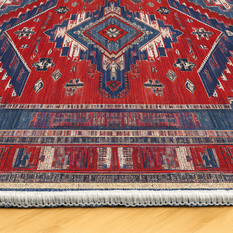 Tapis bleu marine en coton et polyester à imprimé numérique Martwon Collection, Tapis de couloir 3 pi 4 po x 10 pi 6 po