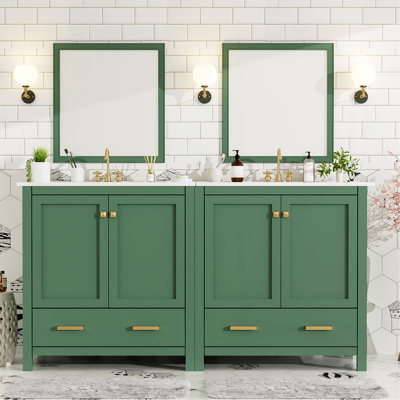 Ensemble de meuble-lavabo vert 60 po avec lavabos doubles (séparés), lavabos doubles en céramique, tablette de rangement et tiroirs séparés (miroir non inclus) - Solution de salle de bain moderne pour salles de bain spacieuses