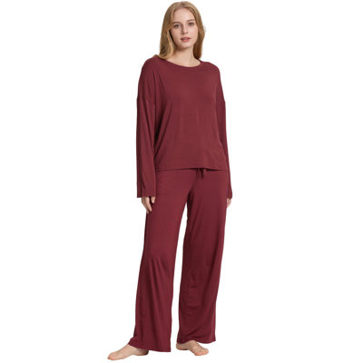  Womens Pajamas Set Soft Pjs Bathrobe Bamboo Long Sleeve Loungewear Wide Leg Pants Set Wine Red S