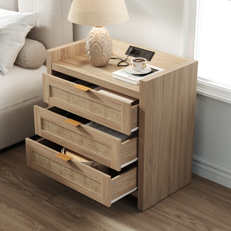 Ashvir Rattan 3-Drawer Nightstand With Built-In Outlets, Light