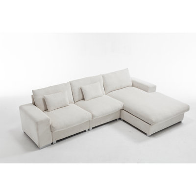 Flanelle de luxe en forme de L à 3 sièges de style nordique, structure en bois, sièges moelleux, conception sans dossier, tissu de style familial avec mousse en bois à haute résilience et ameublement sans accoudoirs