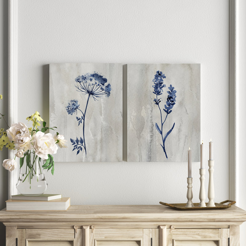 «Indigo Botanical I», ensemble de 2 reproductions d'impressions, H 40 po x l 60 po, Toile tendue, Sans cadre