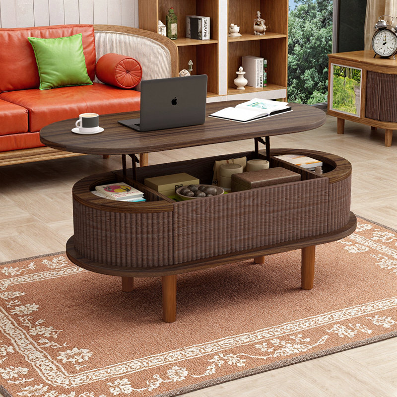 Table basse à plateau relevable moderne avec design cannelé et rangement caché, Noyer
