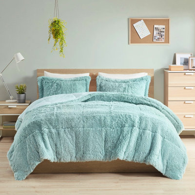 Blue Shaggy Long Fur Comforter Mini - Warm Soft Full/Queen Bedding