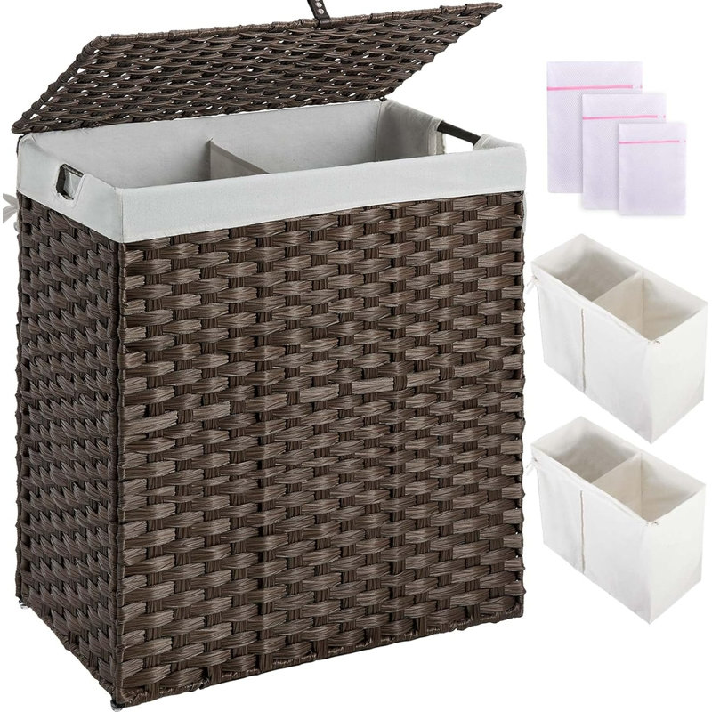 Laundry Hamper With Lid, No Install Needed, 110L Wicker Laundry Baskets Foldable 2 Removable Liner Bags, 2 Section Clothes Hamper Handwoven Rattan Laundry Basket With Handles