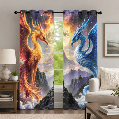 2Pcs Fire and Ice Phoenix Curtains, Fantasy Animal Theme Curtain, Vivid Mythical Creature Printed Art Grommet Drapes, Window Treatment for Bedroom Living Room Decor