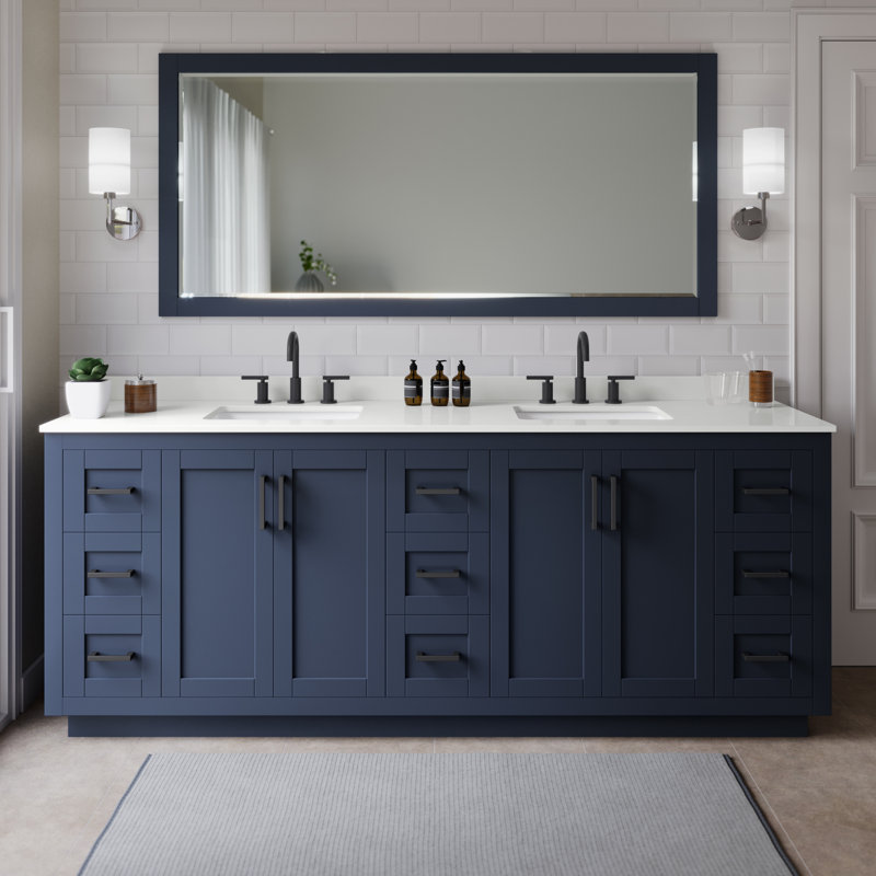 Miranda 84" Freestanding Double Bathroom Vanity with Quartz Top, Dark Blue, White Quartz, Matte Black