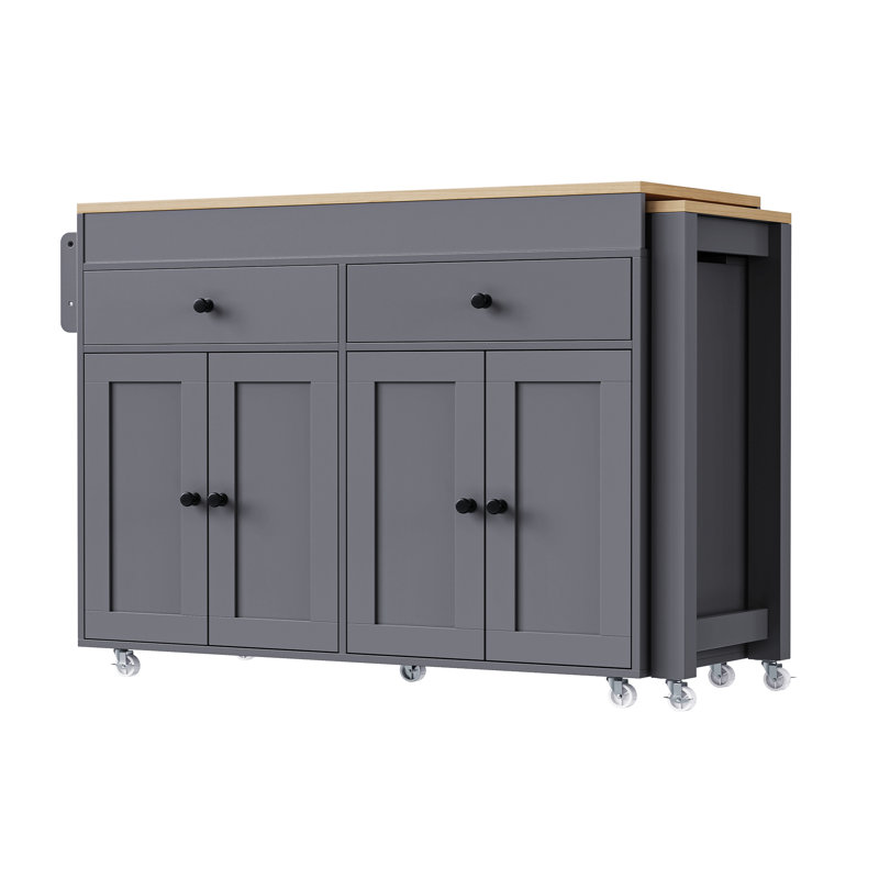 Îlot de cuisine de 74,5 po avec table de salle à manger extensible, îlot de cuisine sur roulettes avec support à épices et 2 tiroirs, chariot de rangement de cuisine avec armoire à 4 portes, pour cuisine, salle à manger, gris