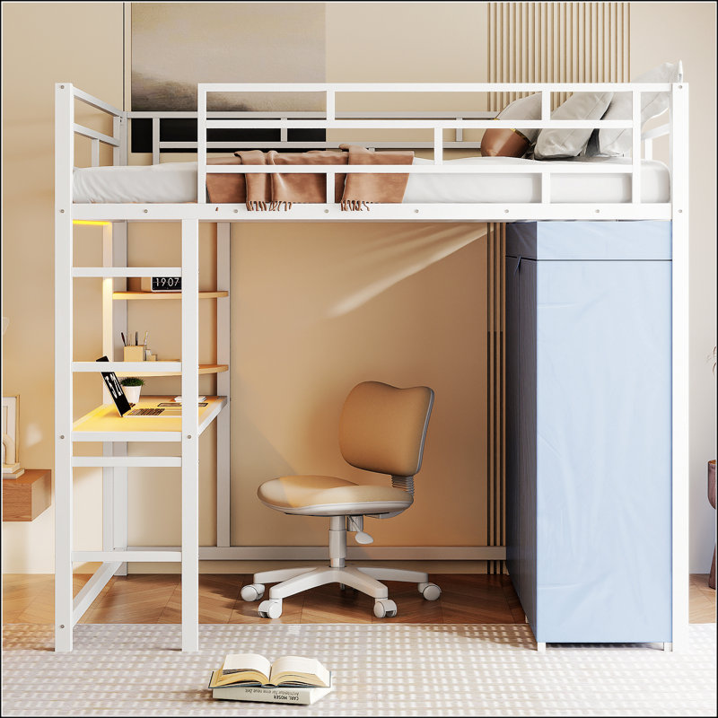 Lit mezzanine double en métal avec bureau, Blanc, Double