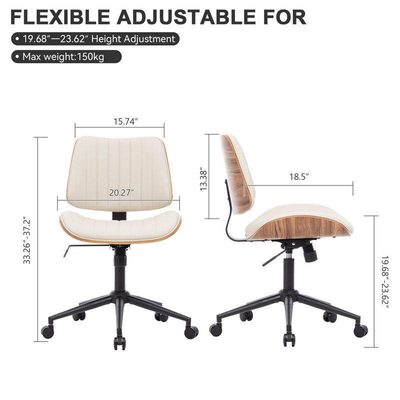 Armless Faux Leather Office Chair with Walnut Bentwood Back & Seat Base – Swivel, Recline & Height Adjustable, Beige