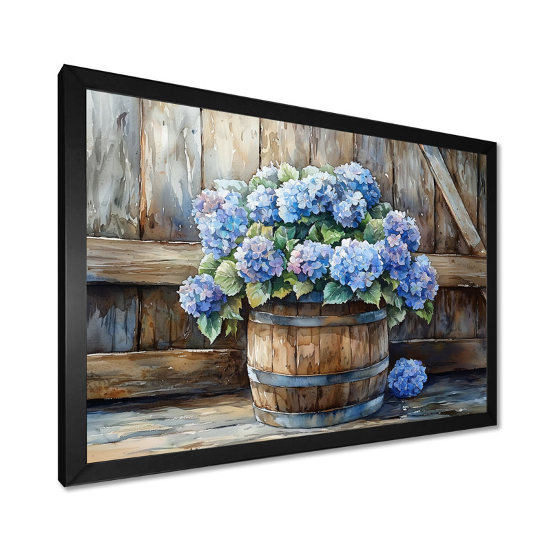Hortensias dans un tonneau en bois - Art mural hortensias, Reproduction encadrée d'une seule photo, Noir, H 12 po x l 20 po