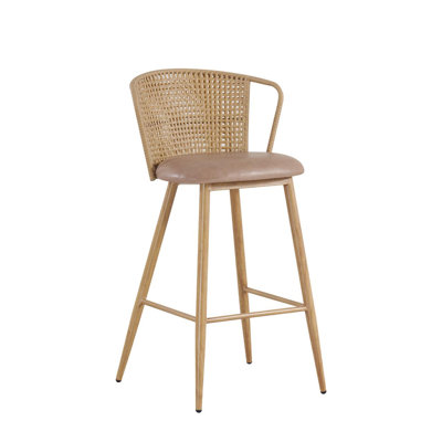 Tabouret d'intérieur avec dossier en rotin de plastique incurvé et côté ouvert, siège en vinyle brun clair