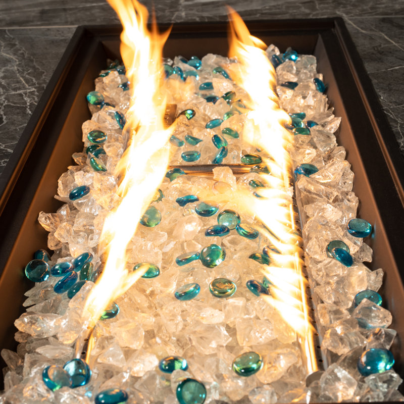 Rectangular Propane Fire Pit with Tile Tabletop 24'' H x 44'' W  – Glass Wind Guard, Protective Lid & Hideaway Tank Seat Included