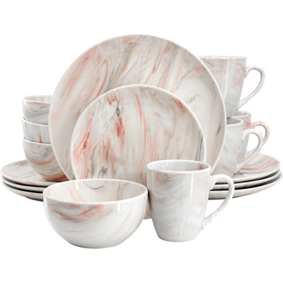 16 Piece Marble Dinnerware Set, Stoneware & Porcelain Dish Set For 4, Plates & Bowls, Microwave & Dishwasher Safe