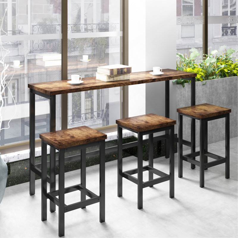 Table de salle à manger à hauteur de comptoir extra longue avec 3 tabourets, ensemble de table de pub avec repose-pieds, brun
