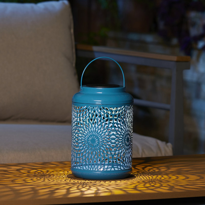 8.75"H Metal Cutout Solar Powered Outdoor Hanging Lantern, Blue