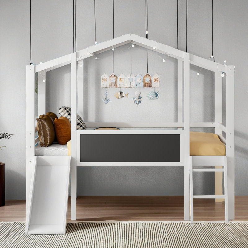 Lit mezzanine simple avec échelle et glissoire, lit maison avec tableau noir et bande lumineuse sur le toit, Blanc