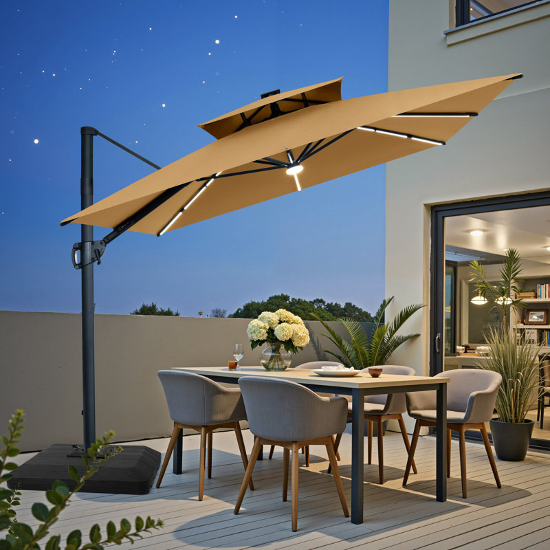Parasol de patio rectangulaire en porte-à-faux avec lumières à DEL et base lestée 9 x 11 pi Wasif, Tanné