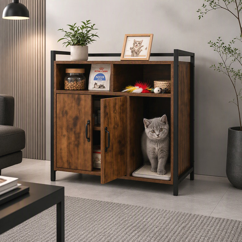 Bac à litière en bois pour chat avec tapis à griffer