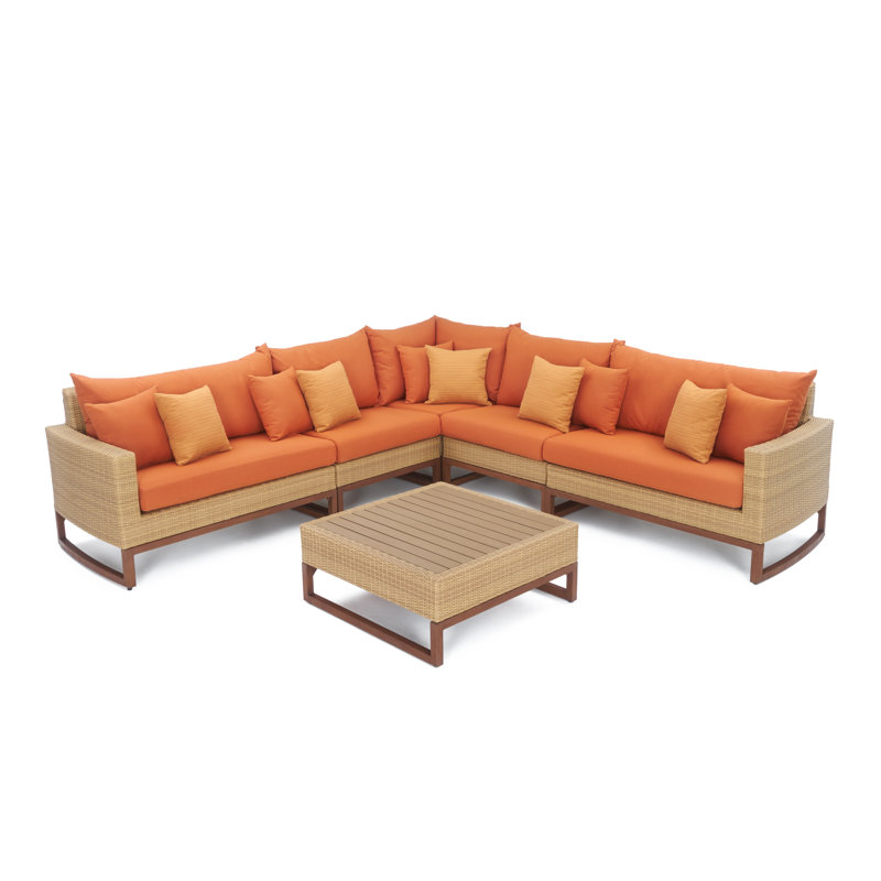 Ensemble de conversation modulaire en rotin 5 pièces avec coussins Sunbrella Tullio, Tissage uni Sunbrella® corail