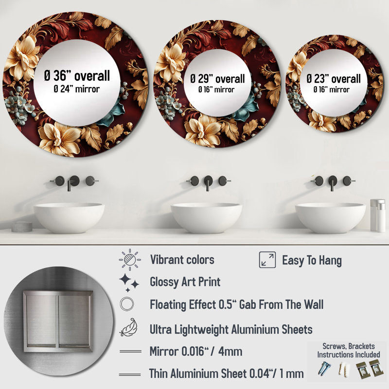 Motif victorien Riegan Rustic Brocade Elegance - miroir floral, miroir mural décoratif brun, impression d'art en métal, Round