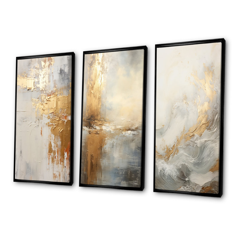 Beige côtier moderne et rivière Gold, H 28 po x l 36 po, Cadre flottant noir