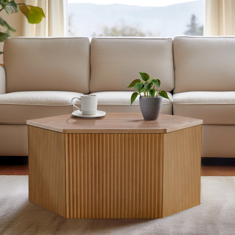 Table basse hexagonale intérieure creuse, facile à déplacer, base en bois massif avec base cannelée, couleur naturelle, accrocheur