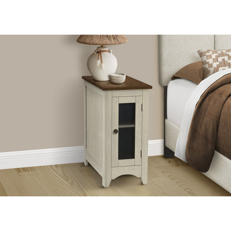 Table d'appoint, table de bout, table d'appoint, étroite, table de chevet, chambre à coucher, lampe, rangement, placage blanc antique, placage brun, transitionnel