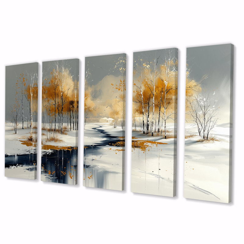 Sentier givré doré et blanc en hiver - Ensemble de décorations murales paysage d'hiver, H 28 po x l 60 po