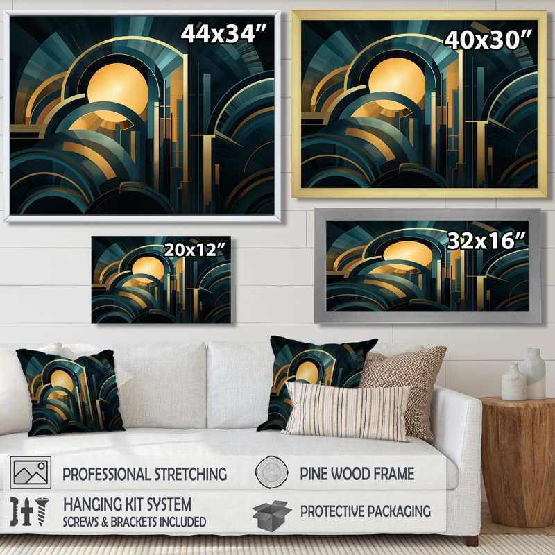 Art Nouveau Golden Sunrise - Geometric Wall Art Print, 30" H x 40" W x 1.5" D, Gold Floater Framed Canvas