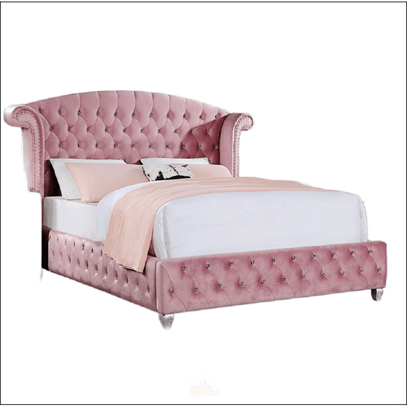 Grand lit tapissier rose en flanelle, Grand