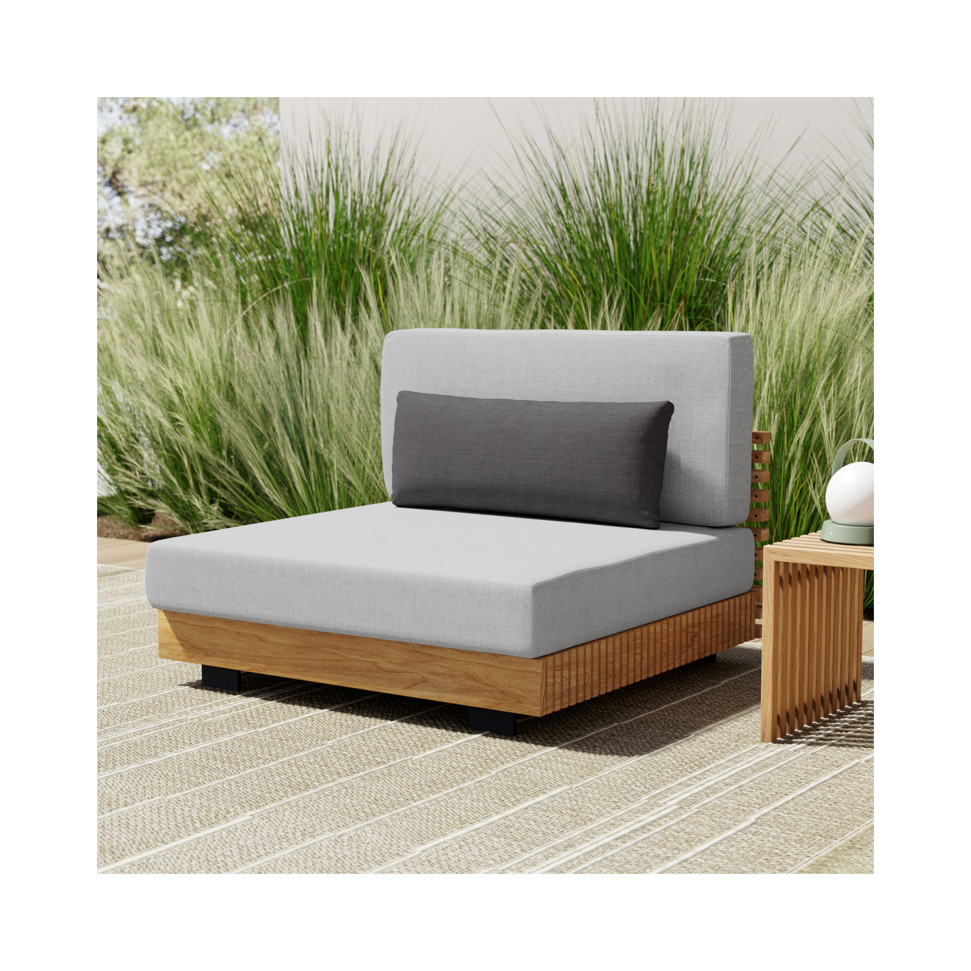 Cato Outdoor Armless Sofa Teak Alum base powder coating Cushion fabric: Olifen