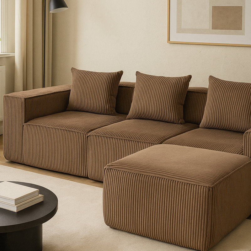 4 sièges modulaires en velours côtelé brun, conception d'angle distinctive, sièges moelleux, tous compressés, pour les espaces de vie principaux en tissu de velours côtelé luxueux, sans assemblage