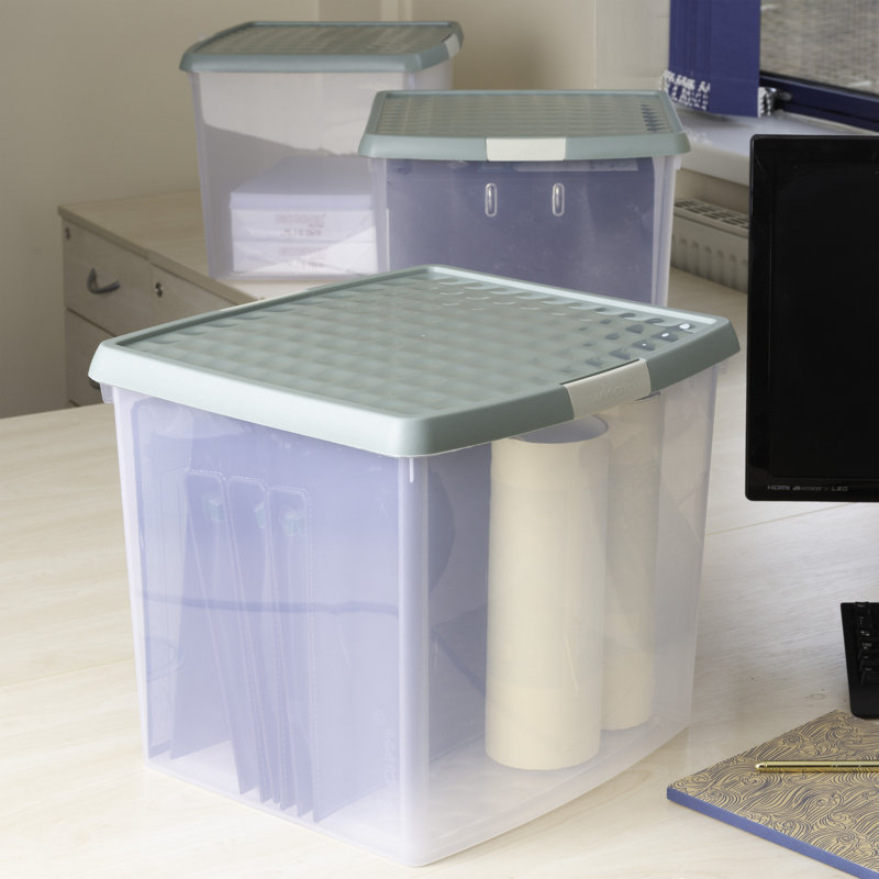 Wham Clip 37L Square Plastic Storage Boxes with Secure Clip Lock Lids. L:39.5 x W:39.5 x H:33.5cm Clear/Stone/Slate Grey