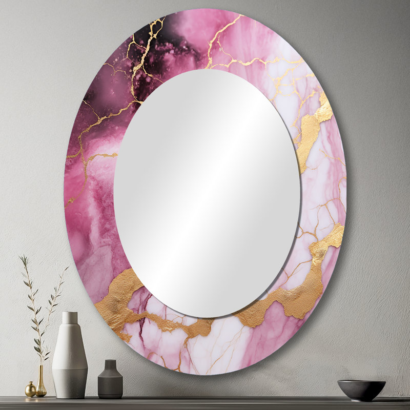 Pink And Gold Marble Essence III - Large Oval Wall Mirror On Metal, 43" x 33"