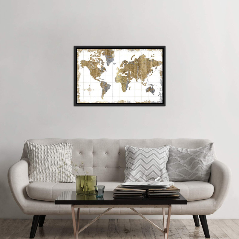 Carte dorée - impression d'art graphique, H 18 po x l 26 po x P 1,5 po, Toile avec cadre noir