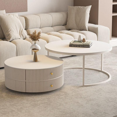 White Stone + Manufactured Wood Round Coffee Table