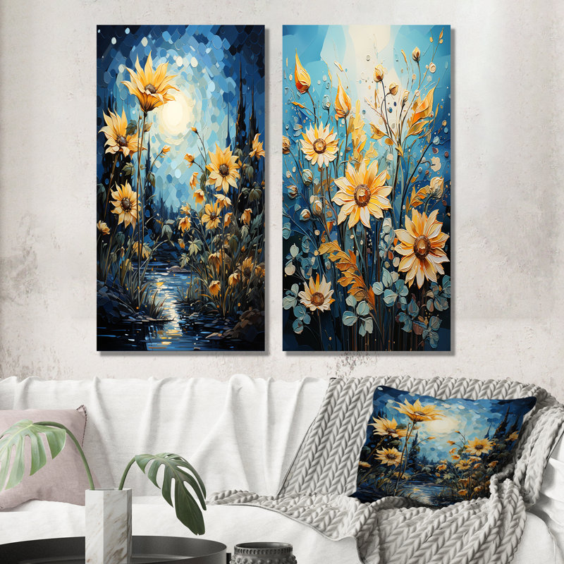 Expressionniste énergie tournesols - ensemble d'art mural toile de tournesols de 2, H 28 po x l 25 po, Toile tendue