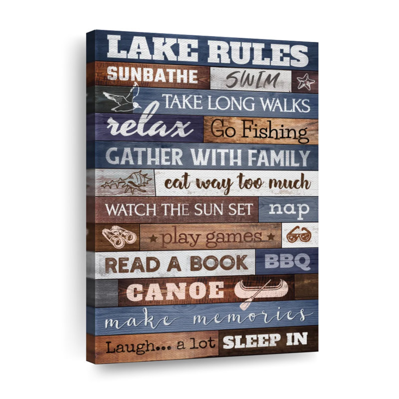 Inspiration et typographie, "Lake House Rules", impression sur toile, H 24 po x l 16 po x P 1,25 po