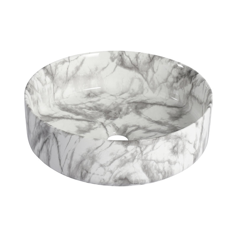 Above Counter White And Grey Ceramic Vessel Sink, Easy To Maintain, Smooth Surface, 4.81 Inches High Round Sink For Bathroom Countertop, Low Water Absorption, Three - Layer Glaze, 15.75 Wide