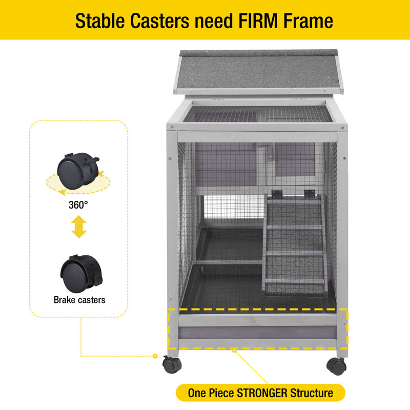 62"L Bunny Cage Indoor and Outdoor Rabbit Hutch with Casters Waterproof Roof, Pull Out Tray, Gray, Gray