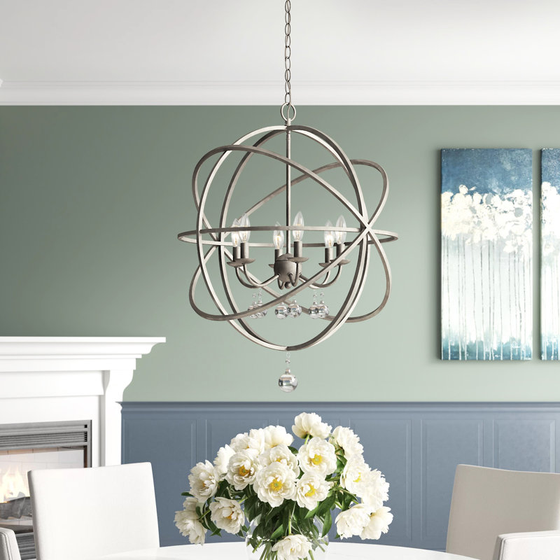 Lustre globe unique à 6 lumières avec accents de cristal Berdina, Argent antique