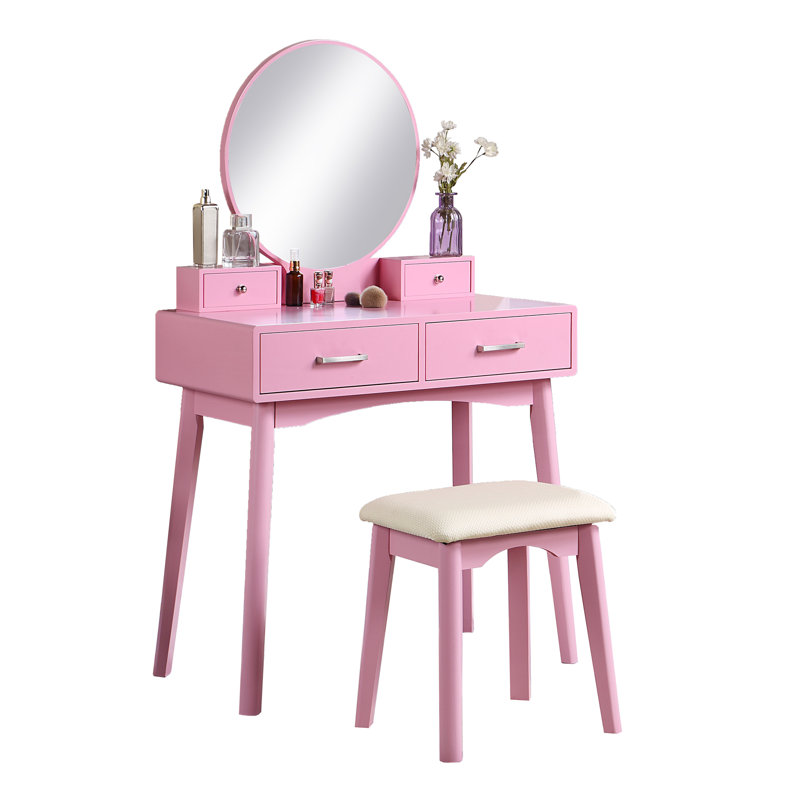 Pink Wood Bedroom Vanity And Seat - Contemporary Style With Tapered Legs Cushion Modern Stool Solid Rubberwood Metal Drawer Pull