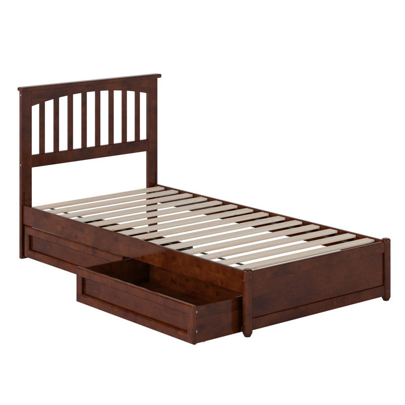 Lit plateforme en bois massif avec pied de lit et tiroirs sous le lit Asparas, Simple TG, Noyers