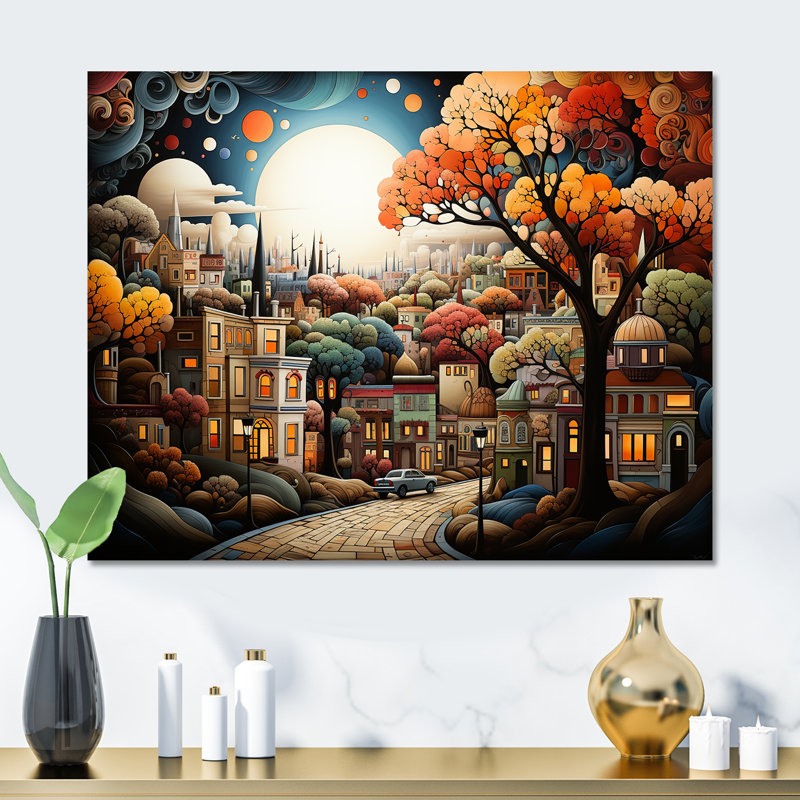 Cozy village in Autumn Moonlit II - Art mural en métal City Art Deco, H 30 po x l 40 po x P 1,5 po