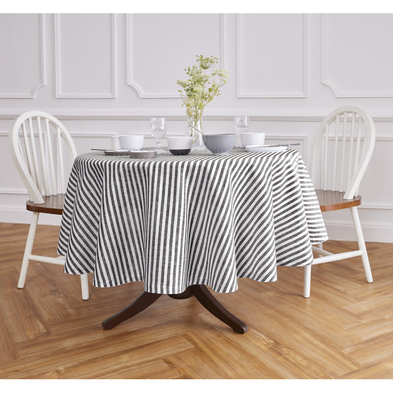 Amalfi Stripe - 100% Pure Linen Round Tablecloth, 70" Round, Black/White