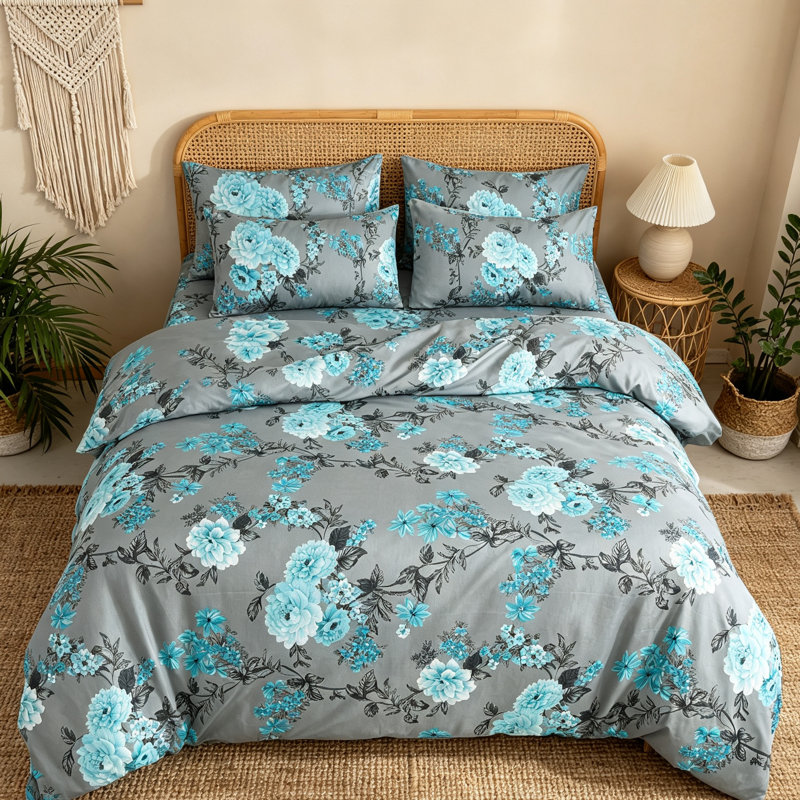 Reversible Floral Microfiber 4-Piece Bedding Set with Duvet Cover, Blue Floral